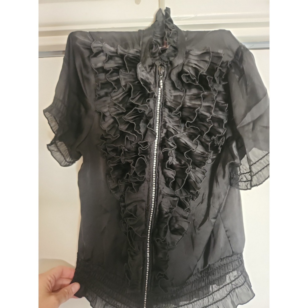 OH Yes Y2K Vtg Black Ruffled Zip Up  Short Sleeved Top Size S